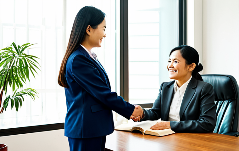 **Prompt:** A professional Vietnamese female lawyer, dressed in a modest business suit, warmly shaking hands with an elderly Vietnamese male client in a modern, sunlit law office. They are seated at a polished wooden desk, with legal books and a potted plant in the background, symbolizing trust and long-term partnership. The atmosphere is collaborative and inviting. The image should convey professionalism and genuine care, with both subjects exhibiting perfect anatomy, correct proportions, and natural poses. Well-formed hands, proper finger count, and natural body proportions are essential. Fully clothed, appropriate attire, safe for work, professional, high-quality, family-friendly content.