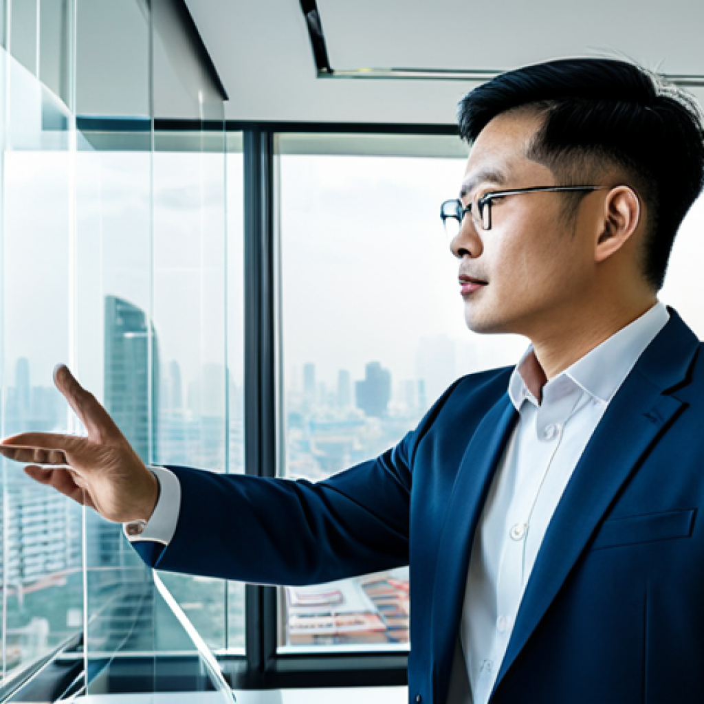 A Vietnamese male professional lawyer, aged 30s-40s, in a sleek modern business suit, fully clothed, standing confidently in a high-tech smart office. He is interacting with a transparent holographic display showing legal data, digital contracts, and AI analysis results, demonstrating a mastery of cutting-edge legal technology. The background is a clean, minimalist office space with large windows overlooking a modern city skyline. The atmosphere is innovative and forward-thinking. Perfect anatomy, correct proportions, natural pose, well-formed hands, proper finger count. Professional photography, high quality, sharp focus, professional dress, appropriate attire, safe for work, appropriate content, family-friendly.