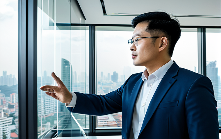 A Vietnamese male professional lawyer, aged 30s-40s, in a sleek modern business suit, fully clothed, standing confidently in a high-tech smart office. He is interacting with a transparent holographic display showing legal data, digital contracts, and AI analysis results, demonstrating a mastery of cutting-edge legal technology. The background is a clean, minimalist office space with large windows overlooking a modern city skyline. The atmosphere is innovative and forward-thinking. Perfect anatomy, correct proportions, natural pose, well-formed hands, proper finger count. Professional photography, high quality, sharp focus, professional dress, appropriate attire, safe for work, appropriate content, family-friendly.