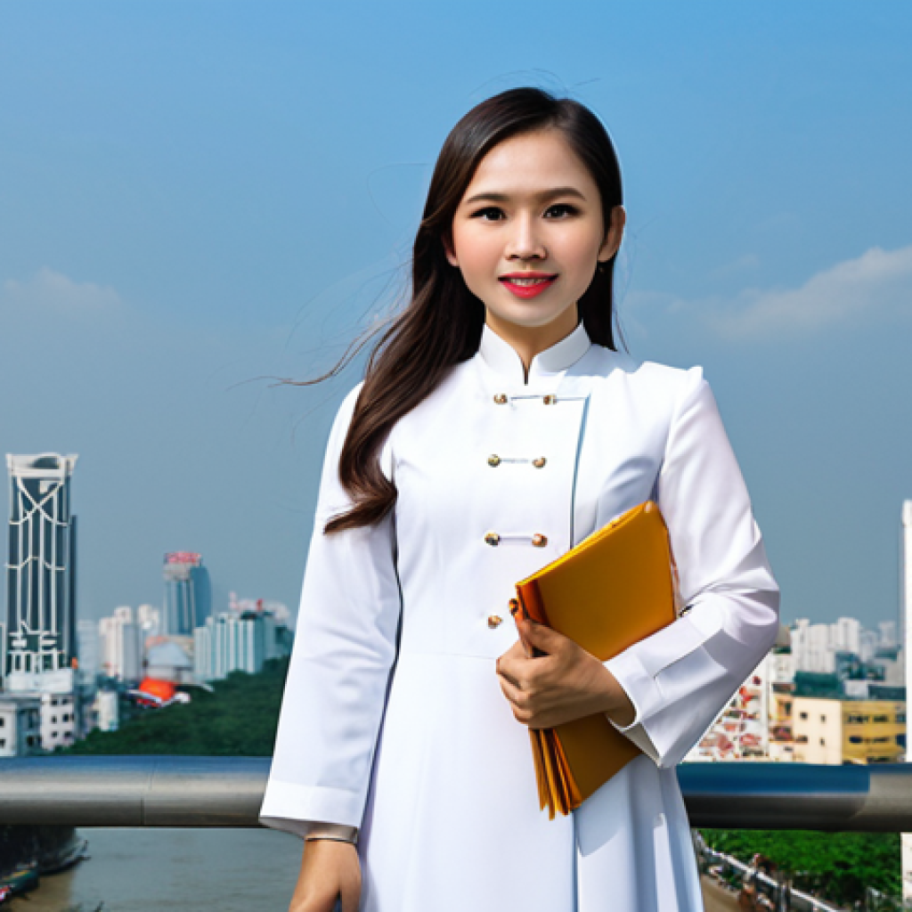 "A confident young Vietnamese lawyer in a professional ao dai, standing in front of the Ho Chi Minh City skyline, holding legal documents. Fully clothed, appropriate attire, safe for work, perfect anatomy, natural proportions, professional, family-friendly."