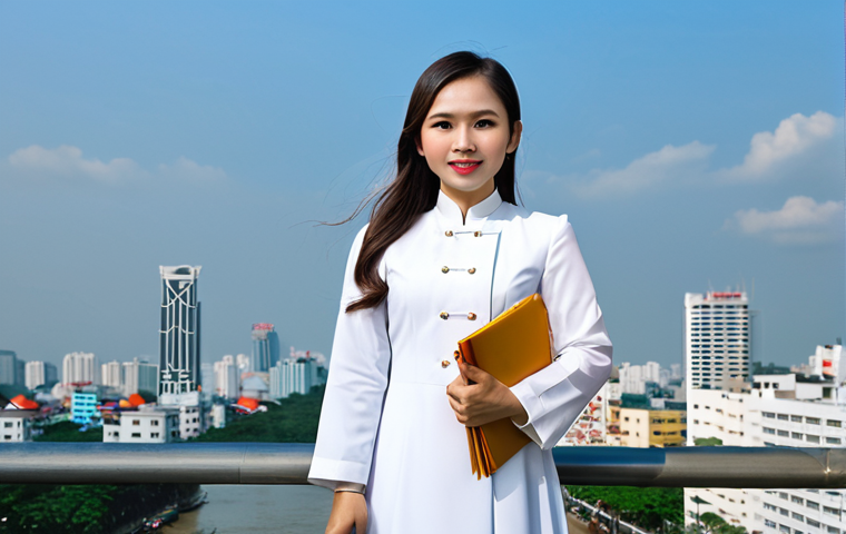 "A confident young Vietnamese lawyer in a professional ao dai, standing in front of the Ho Chi Minh City skyline, holding legal documents. Fully clothed, appropriate attire, safe for work, perfect anatomy, natural proportions, professional, family-friendly."