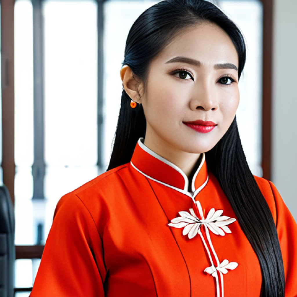 법률 자문가의 직무 분석법 - "A confident female lawyer, fully clothed in a professional áo dài (Vietnamese traditional dress) wi...