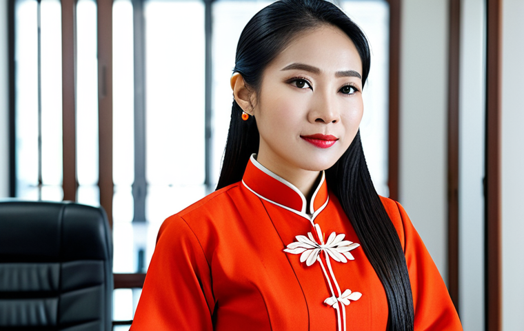 법률 자문가의 직무 분석법 - "A confident female lawyer, fully clothed in a professional áo dài (Vietnamese traditional dress) wi...