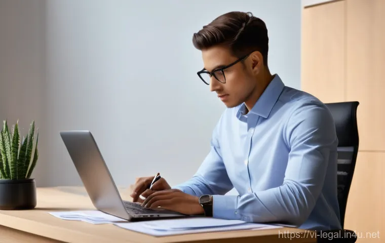 법률 자문가의 법적 분쟁 해결법 - **Prompt:** A diligent young professional, dressed in a smart casual outfit like a button-down shirt...