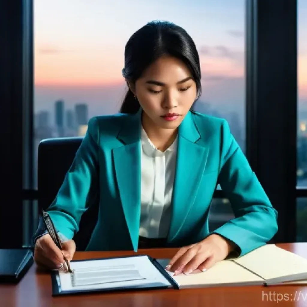 법률 자문가의 직무 만족도 - **Prompt:** A young Vietnamese female lawyer, in her late 20s, dressed in a sharp, professional blaz...