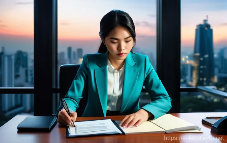 법률 자문가의 직무 만족도 - **Prompt:** A young Vietnamese female lawyer, in her late 20s, dressed in a sharp, professional blaz...