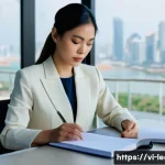 법률 자문가의 이직 팁 - A sophisticated Vietnamese female lawyer in her mid-30s, wearing a tailored cream-colored blazer and...