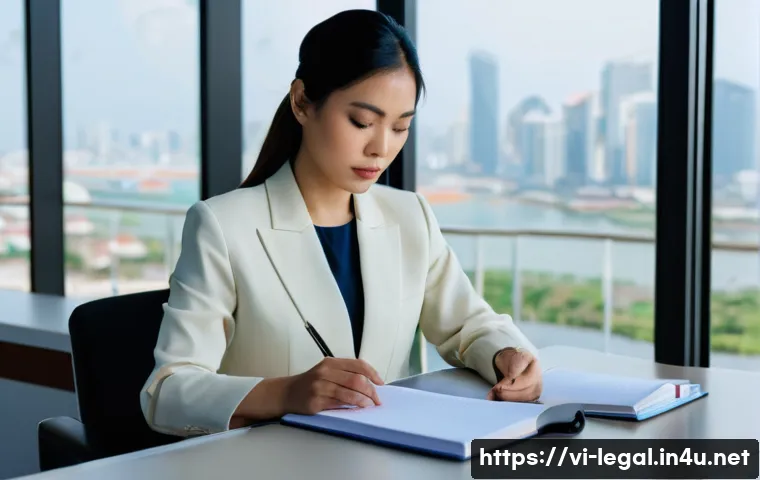 법률 자문가의 이직 팁 - A sophisticated Vietnamese female lawyer in her mid-30s, wearing a tailored cream-colored blazer and...