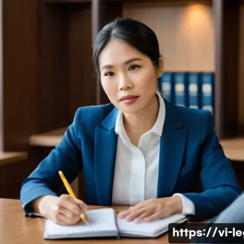 법률 자문가의 직무 평가 기준 - A professional Vietnamese female lawyer, in her late 30s, wearing a smart business suit, sits attent...