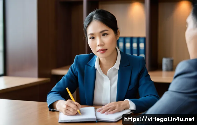 법률 자문가의 직무 평가 기준 - A professional Vietnamese female lawyer, in her late 30s, wearing a smart business suit, sits attent...