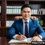 법률자문가로서의 성공적인 커리어 - A professional Vietnamese lawyer in a modern law office, dressed in formal business attire with a ne...