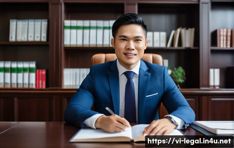 법률자문가로서의 성공적인 커리어 - A professional Vietnamese lawyer in a modern law office, dressed in formal business attire with a ne...