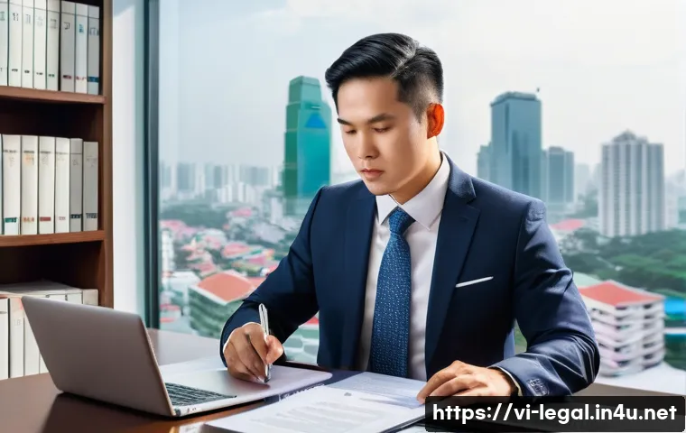 법률자문가의 직무 평가기준 - A professional Vietnamese legal expert in a modern office setting, wearing formal business attire in...