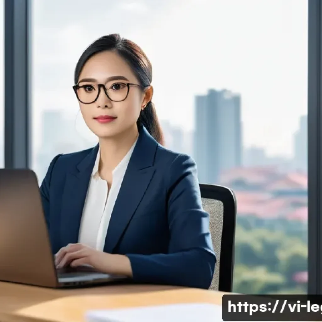 법률 자문가의 경력 개발 전략 - A professional Vietnamese female lawyer in her 30s, wearing a smart business suit and glasses, sitti...