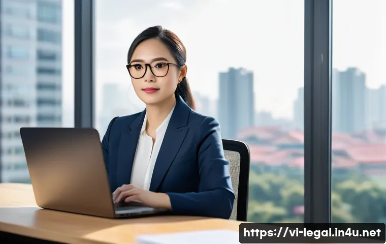 법률 자문가의 경력 개발 전략 - A professional Vietnamese female lawyer in her 30s, wearing a smart business suit and glasses, sitti...