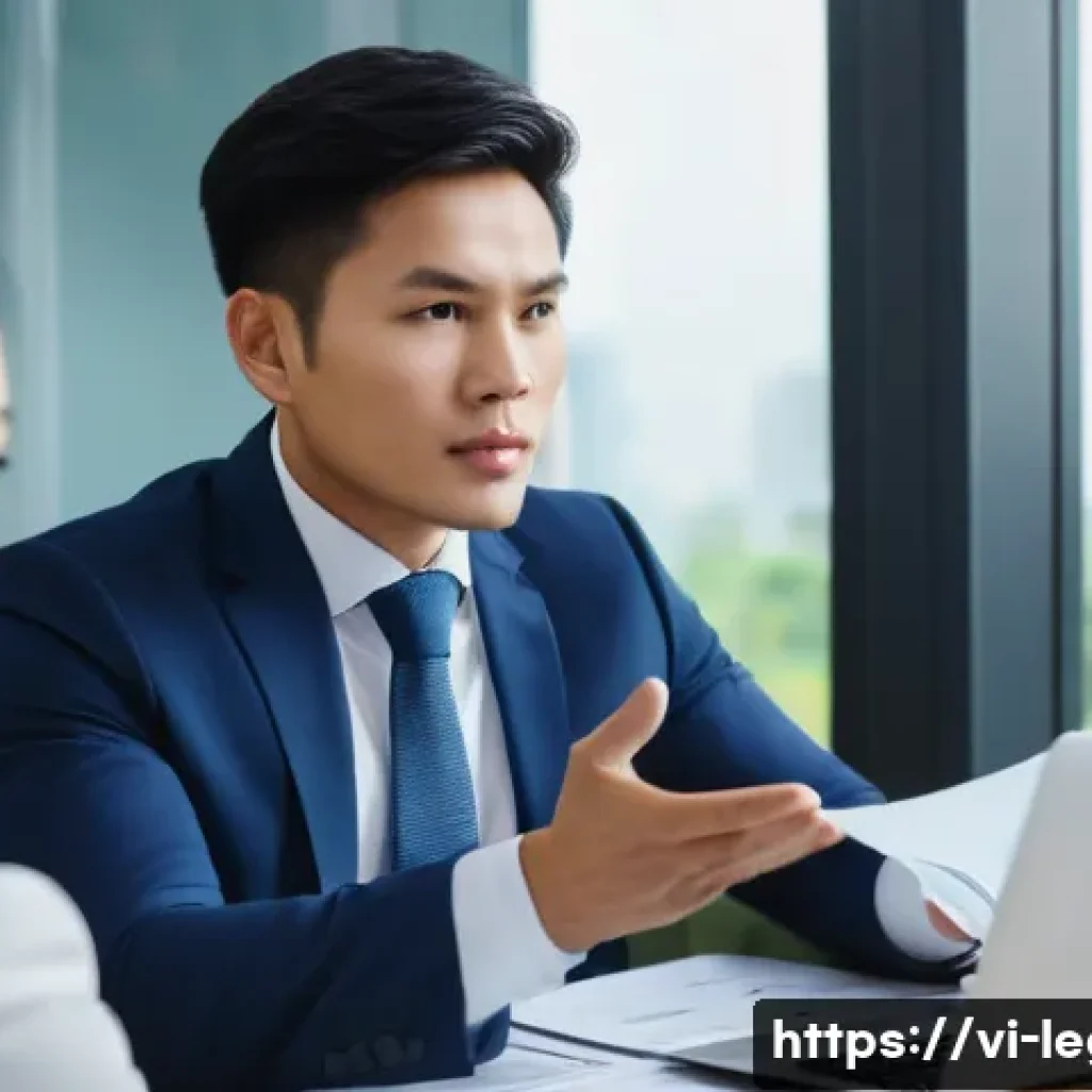 법률 자문가의 고급 경력 관리 - A professional Vietnamese lawyer in a modern office setting, actively engaged in a negotiation with ...