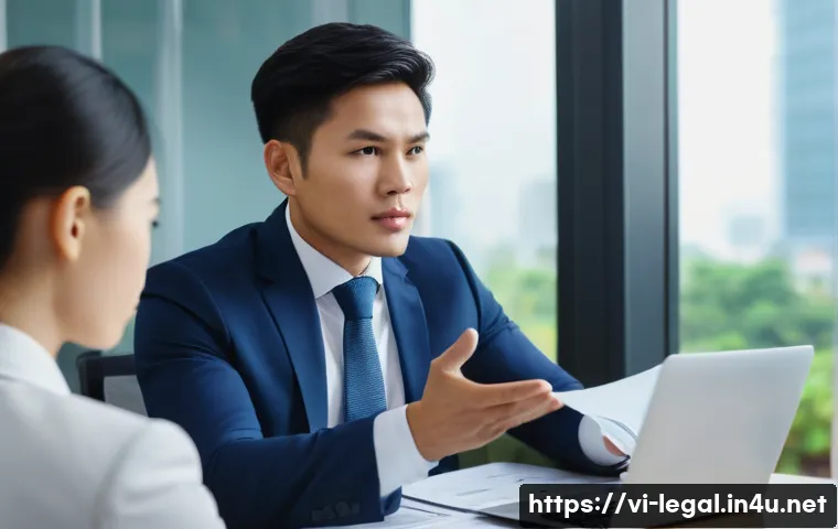 법률 자문가의 고급 경력 관리 - A professional Vietnamese lawyer in a modern office setting, actively engaged in a negotiation with ...