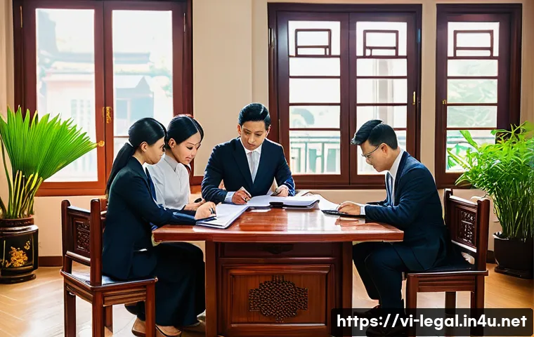 법률 실무 필수 체크리스트 - A professional Vietnamese legal office scene showing a diverse team of lawyers and paralegals gather...