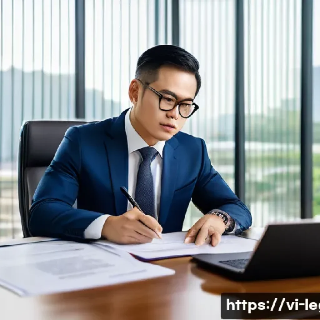 법률 자문가의 직무 분석 체크리스트 - A professional Vietnamese lawyer in a modern office setting, wearing formal business attire and glas...