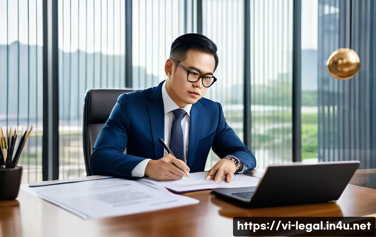 법률 자문가의 직무 분석 체크리스트 - A professional Vietnamese lawyer in a modern office setting, wearing formal business attire and glas...