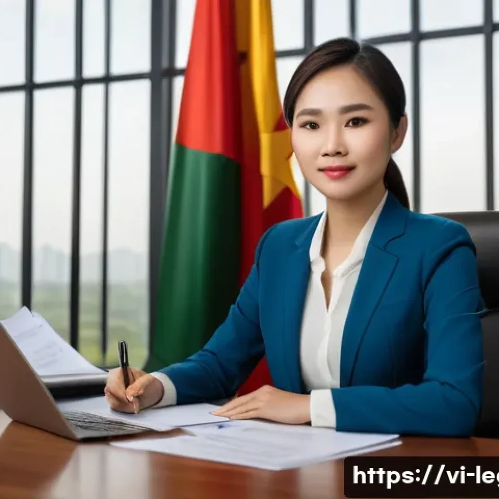 법률 자문가 자격증 종류 - A modern Vietnamese law office interior featuring a confident young female lawyer in professional bu...