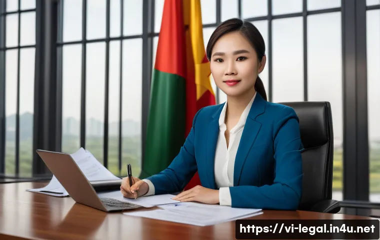 법률 자문가 자격증 종류 - A modern Vietnamese law office interior featuring a confident young female lawyer in professional bu...