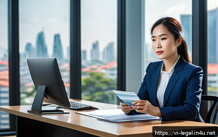 법률 자문가의 직무 역량 강화 - A professional Vietnamese lawyer in a modern office setting, deeply focused on analyzing legal docum...