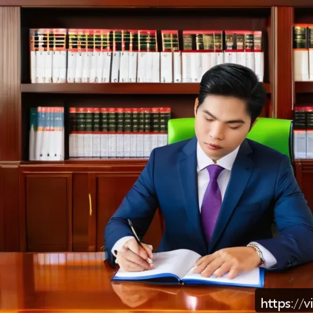 법률 자문가의 전문 지식 강화법 - A modern Vietnamese lawyer’s office scene showing a professional in smart business attire reviewing ...