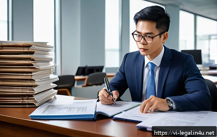 법률 실무 경험 쌓는 법 - A professional Vietnamese legal expert carefully analyzing legal documents in a modern office settin...