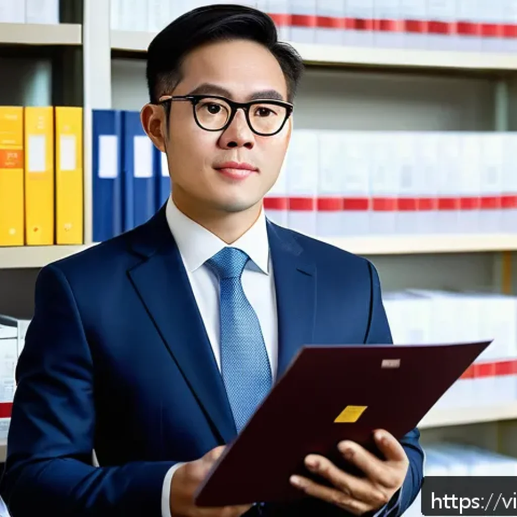 법률자문가의 업무 능력 향상 - A professional Vietnamese legal consultant in a modern office setting, wearing formal business attir...