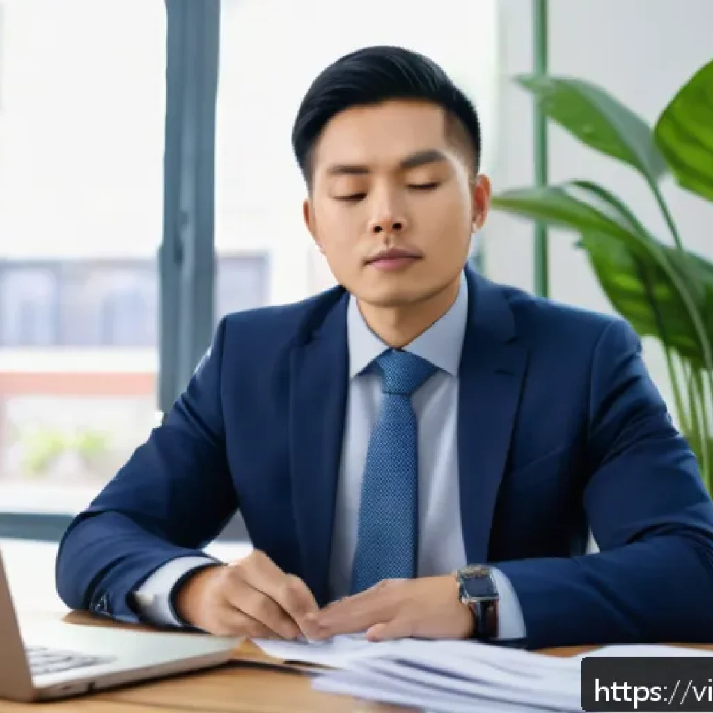 법률자문가 업무 스트레스 관리 - A professional Vietnamese legal advisor in a modern office setting, dressed in formal business attir...