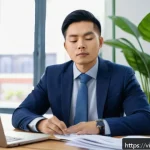 Home 22 법률자문가 업무 스트레스 관리 - A professional Vietnamese legal advisor in a modern office setting, dressed in formal business attir...
