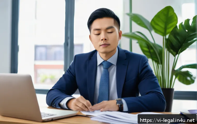 법률자문가 업무 스트레스 관리 - A professional Vietnamese legal advisor in a modern office setting, dressed in formal business attir...