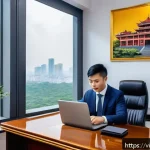 Home 21 법률 자문가의 직무 효율화 전략 - A modern Vietnamese law office interior with a professional lawyer using specialized legal case mana...
