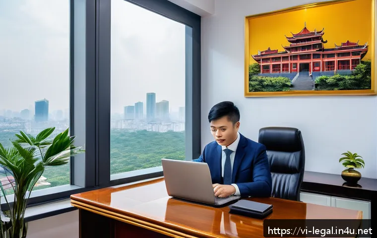 법률 자문가의 직무 효율화 전략 - A modern Vietnamese law office interior with a professional lawyer using specialized legal case mana...