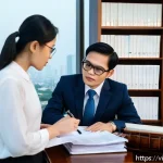 Home 20 법률 업무의 흐름 - A professional Vietnamese legal consultation scene in a modern office: a confident middle-aged lawye...