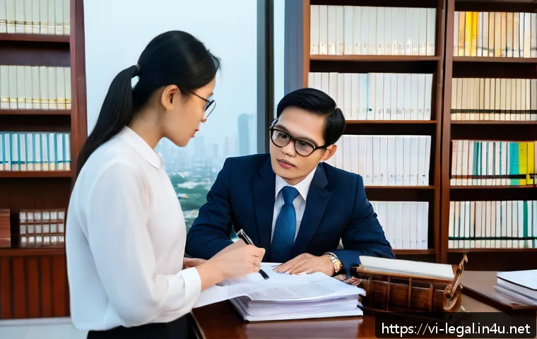 법률 업무의 흐름 - A professional Vietnamese legal consultation scene in a modern office: a confident middle-aged lawye...