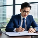 Home 19 법률자문가의 직무 분석 - A professional Vietnamese legal consultant in a modern office, reviewing and drafting business contr...