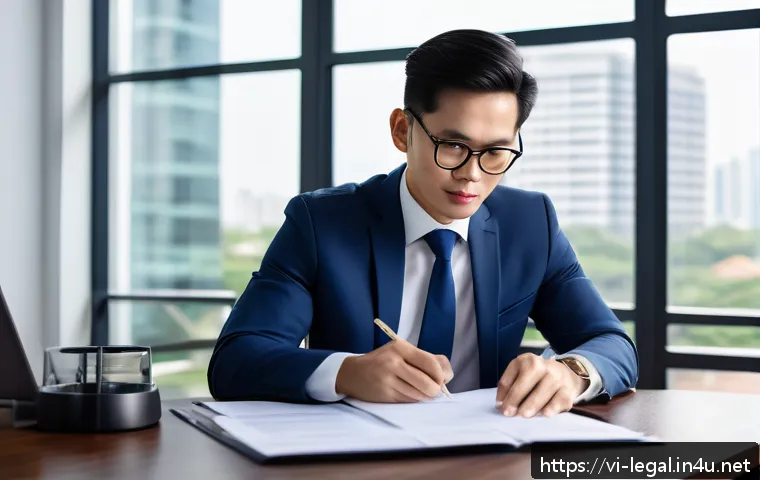 법률자문가의 직무 분석 - A professional Vietnamese legal consultant in a modern office, reviewing and drafting business contr...