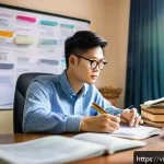 Home 18 법률 자문가의 자격증 취득 준비 - A focused Vietnamese student studying law in a cozy, well-lit home office, surrounded by legal books...