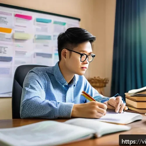 Home 30 법률 자문가의 자격증 취득 준비 - A focused Vietnamese student studying law in a cozy, well-lit home office, surrounded by legal books...