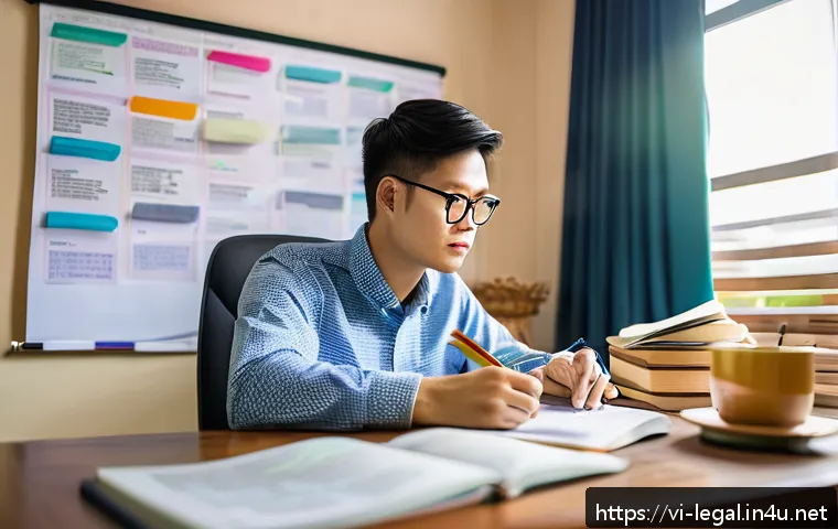 법률 자문가의 자격증 취득 준비 - A focused Vietnamese student studying law in a cozy, well-lit home office, surrounded by legal books...