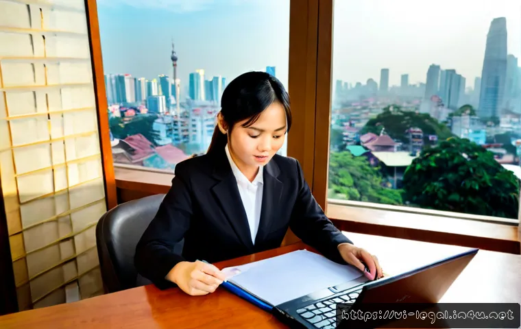 법률직 무급 인턴 경험 - Photorealistic Vietnamese law office scene, a young adult unpaid legal intern in modest professional...