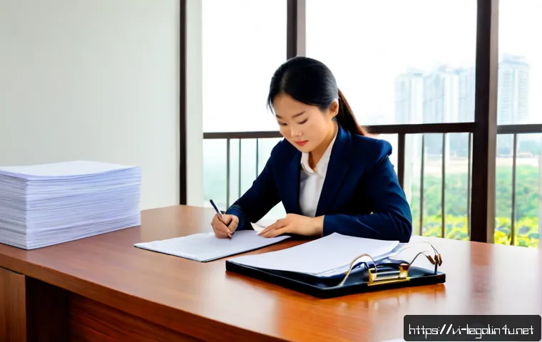 법률 자문가의 법률 서류 작성법 - Photorealistic Vietnamese legal advisor in professional business attire carefully organizing a clien...