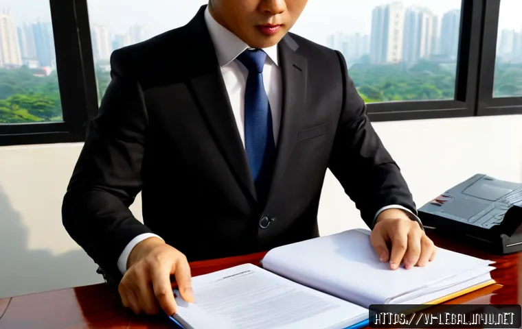 Home 17 법률 자문가의 실무 집중력 - Photorealistic Vietnamese legal advisor in a tailored business suit working with intense concentrati...