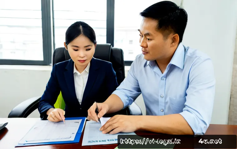 법률 자문가의 실습 사례 분석 - Photorealistic Vietnamese legal advisor and small business owner reviewing a practical contract disp...